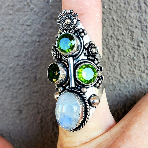 New Rainbow Moonstone & Peridot 925 Silver Statement Ring. - Picture 14 of 16